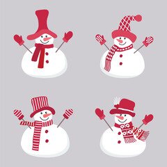 Cute snowmen. Set. Four different snowmen in beautiful red winter clothes. Greeting card template. Vector illustration on gray