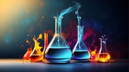 tubes, lab glasses, and other items in the laboratory A table with colorful bubbling liquids in chemistry flasks. An array of hues within a series of test tubes. A Multicolored Rainbow of Chemica