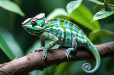 A chameleon sits on a branch surrounded by leaves. Chameleon in the wild. Close-up