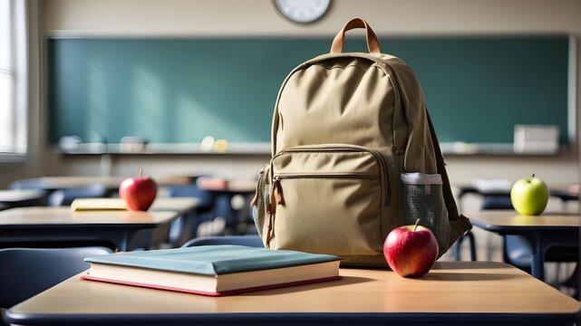 An apple on the classroom desk and a school bag with textbooks.
