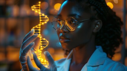An african-amerinca black female scientist doctor, holding a glowing DNA helix on her hands