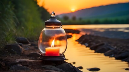 A single candle glowing brightly at dusk in a broken, empty environment inspires hope and memories, A lone candle burning brightly at dusk in a broken, barren environment , Abstract idea of religion