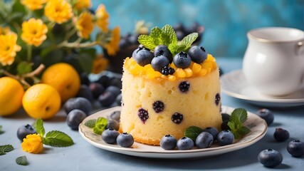 For International Women's Day celebrations, make this traditional Italian sponge cake. Mimosa cake with mint and blueberries as decorations.