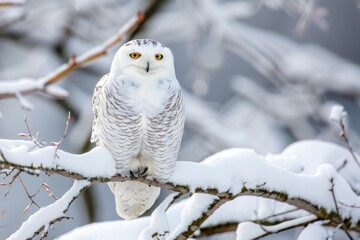 white owl sitting on a snow covered branch in winter
