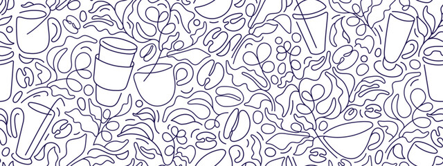 Coffee plantation, cups. Line art seamless pattern
