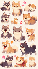 Set of cute cartoon shiba inu dogs. Vector illustration.