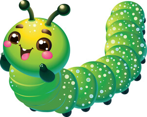 A cheerful green caterpillar, designed as a child-friendly vector illustration