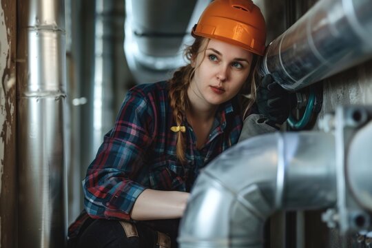 Woman plumber working near metal pipes indoor, female professional occupation