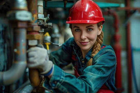 Woman plumber working near metal pipes indoor, female professional occupation