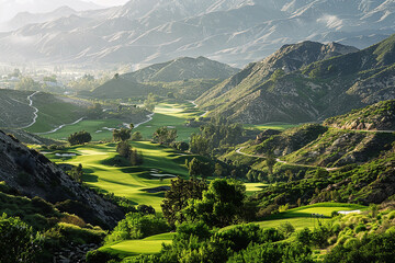 A scenic view of a golf course nestled within a picturesque mountain valley.