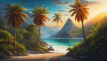 beach with palm trees - obrazy, fototapety, plakaty
