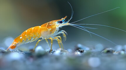   A tight shot of a tiny orange shrimp atop a bed of seaweed, adorned with water droplets on its surface