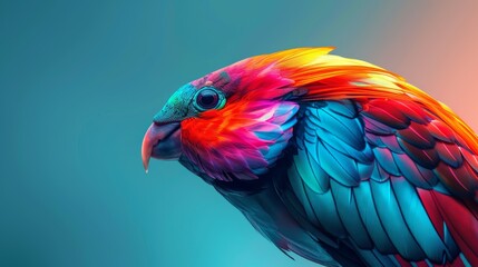  A detailed image of a vibrant bird against a backdrop of blue and pink, featuring hues of red, yellow, blue, and green