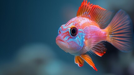   A tight shot of a red-blue fish against a black backdrop, surrounded by a blue sky