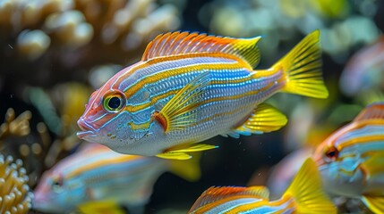   A tight shot of vibrant fish gathered around a sea anemone Corals populate the background