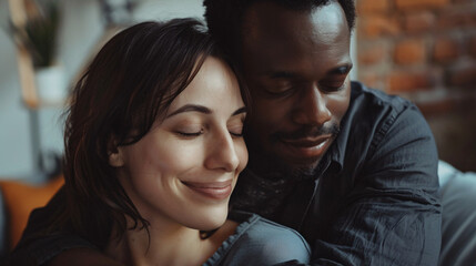 Young black man and white girl cuddling together smiling happy,multi racial family diversity love concept - obrazy, fototapety, plakaty