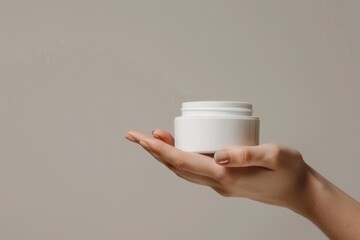 Woman's hand holding white cream mockup with space for text, logo or inscriptions
