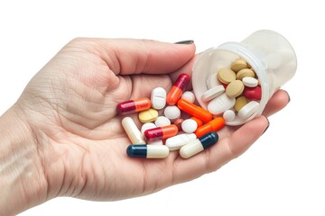 Woman's hand with a white package from which various types and colors of pills and capsules spill out