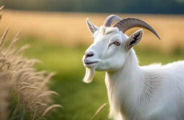 Portrait of a white goat near a wheat field in summer