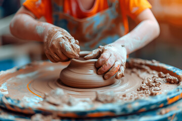 Close up hand of kid making vase with clay on a turntable in the workshop. - obrazy, fototapety, plakaty