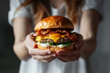 Woman's hands holding a tasty burger with cheese, bacon and egg