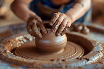 Close up hand of kid making vase with clay on a turntable in the workshop.