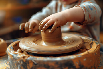 Close up hand of kid making vase with clay on a turntable in the workshop.