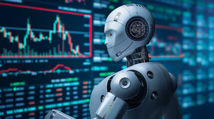 Robot Analyzing Financial Stock Market Data. An advanced humanoid robot with an intricate head design examines complex financial data on multiple digital screens.