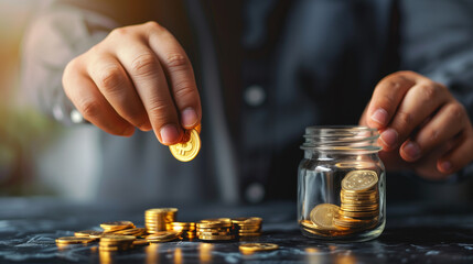 Saving Bitcoin Cryptocurrency in a Glass Jar. Person's hand placing a golden Bitcoin coin into a glass jar for saving, symbolizing investment in cryptocurrency.