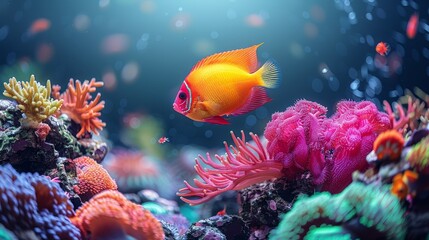   A tight shot of a fish swimming in an aquarium, surrounded by vibrant corals and diverse underwater flora at the tank's base