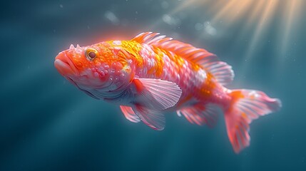   A tight shot of a fish in water, sunlight illuminating its backside