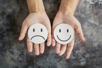 Customer Satisfaction Survey with Emoticon Choices. Two hands presenting a choice between happy and sad face emoticons, depicting customer satisfaction levels for a feedback survey.