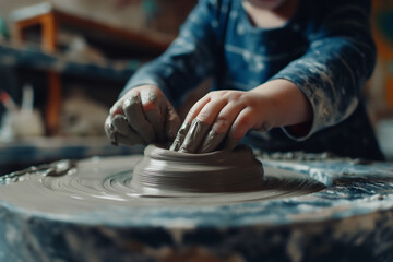 Close up hand of kid making vase with clay on a turntable in the workshop. - obrazy, fototapety, plakaty