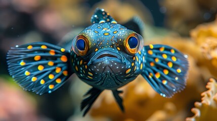  body speckled with orange and yellow dots, eyes similarly adorned; backdrop features vibrant coral