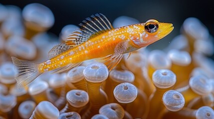   A tight shot of a fish near a sea anemone, surrounded by additional anemones in the background