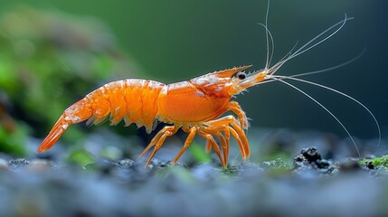   A tight shot of a small orange shrimp atop seaweed, with a green plant serving as backdrop