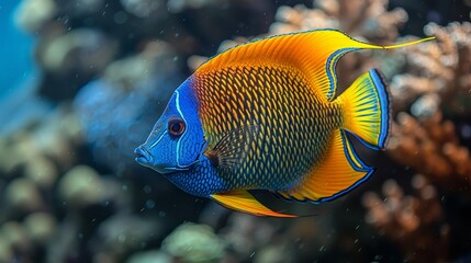   A tight shot of a vibrant blue-yellow fish amidst corals, with various hued corals and clear water in the backdrop