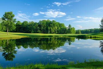 A serene pond adding a touch of elegance to the golf course landscape.