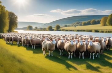 A flock of sheep grazes in a meadow near a lake and mountains in summer. Agriculture concept