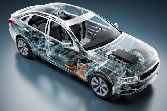 Cutaway 3d rendering of a sedan car showcasing the interior structure.