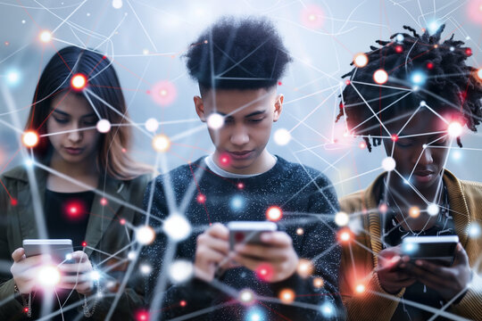 Diverse individuals engage with communication technology devices such as smartphones and laptops, highlighting the interconnectedness and reliance on digital communication platforms in modern society.