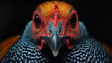   A birds' head with a red-and-black comb against a black backdrop