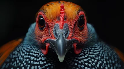 Poster   A birds' head with a red-and-black comb against a black backdrop © Jevjenijs