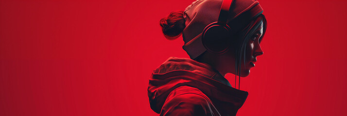 Female with Headphones in Red Monochrome - obrazy, fototapety, plakaty
