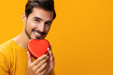 Man romantic heart shape romance gift portrait love valentine studio happy
