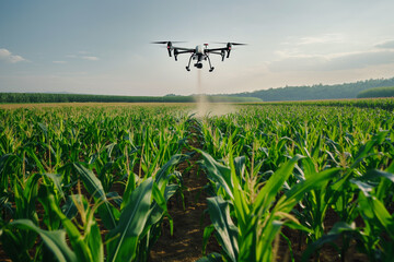 Drone spraying fertilizer over corn field, agricultural industry technology.