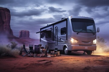 RV truck in camping site with landscape of American’s Wild West with desert sandstones.