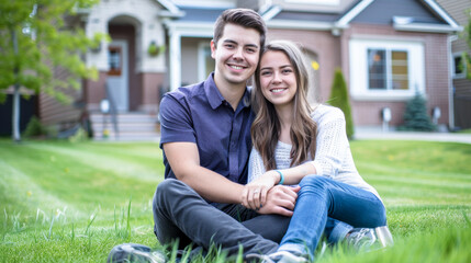 Happy Young Couple Sitting in Front of New House on Green Lawn