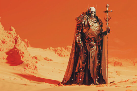 Robotic Warrior in Red Desert Wasteland
