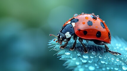   A tight shot of a ladybug perched on a leaf, its back legs dotted with water droplets - obrazy, fototapety, plakaty